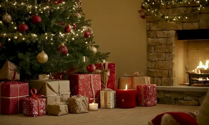 Fondos terrosos, materiales naturales, objetos reciclables, vegetación, velas, papel envolvente ecológico, ornamentos artesanales, un árbol festivo, acogedor ambiente hogareño, elementos vivos sostenibles