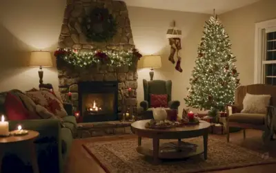 Una sala de estar festiva con un árbol de Navidad
