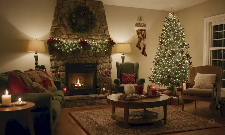 Una sala de estar festiva con un árbol de Navidad