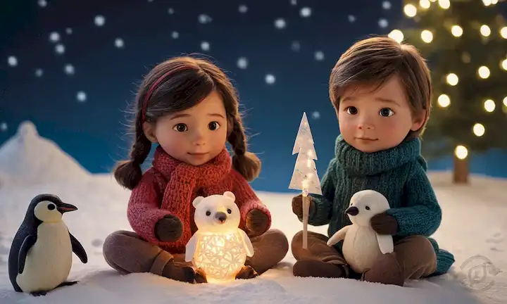 2 niños sentados en una colina nevada, rodeados de ornamentos ecológicos, agarrando las manos con osos polares y pingüinos, entre copos de nieve de papel reciclado, luces de hadas de energía solar, y una turbina de viento en miniatura