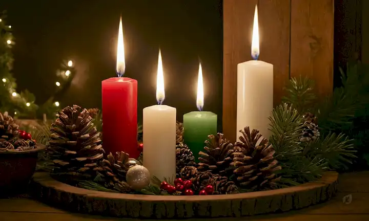 Ambiente cálido, acogedor, velas, luces de parpadeo, materiales naturales como pinos y ramas siempre verdes, ornamentos reciclados hechos de papel, cartón y vidrio, decoraciones rústicas de madera, artículos de inspiración vintage, colores festivos como rojo y verde, texturas suaves como fieltro y terciopelo