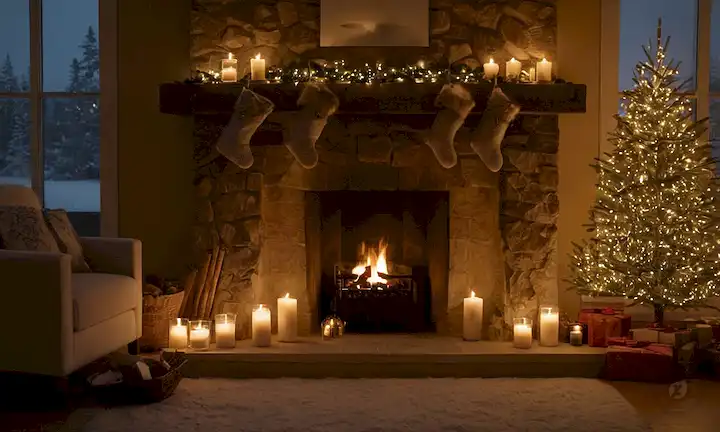 Una escena de invierno serena con árboles cubiertos de nieve, velas acogedoras, papel de regalo sostenible, un árbol de Navidad minimalista hecho a partir de materiales reciclados, luces decorativas ecológicas, y una chimenea o linterna caliente
