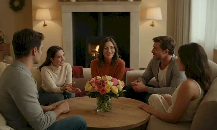 Psicólogo discutiendo técnicas para mejorar la autoestima con un grupo de parejas durante un momento íntimo. La escena se encuentra en un acogedor salón con chimenea y cómodos sofás, con los personajes comprometidos en profunda conversación y actividades compartidas. Un ramo de flores se sienta en una mesa cercana.