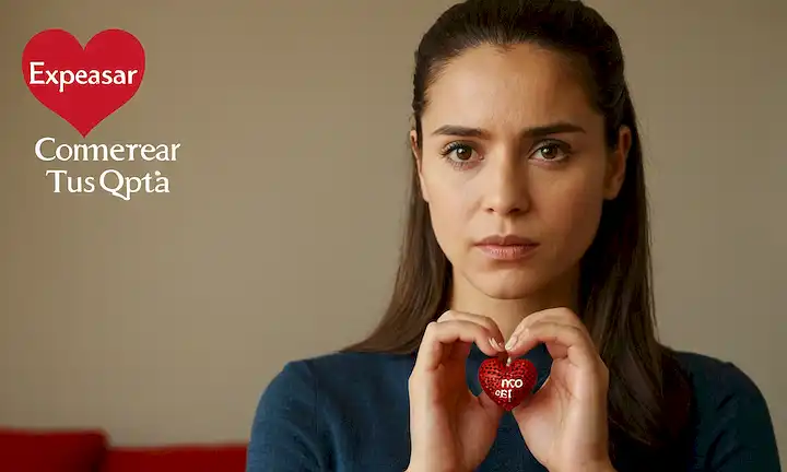 Mujer mirando contemplativamente en la cámara con su mano cubierta con un símbolo del corazón. El texto siguiente está escrito digitalmente, y lee Expesar tus necesidades. Por encima de eso hay otro texto que se ve más serio, diciendo No quisiéramos nada serio, seguido por el nombre de los psicólogos.