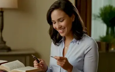 Mujer consultando con su pluma en la mano mientras estaba cerca de un libro abierto