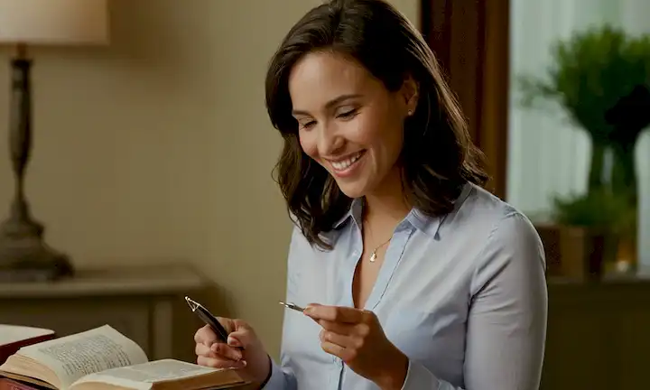 Mujer consultando con su pluma en la mano mientras estaba cerca de un libro abierto