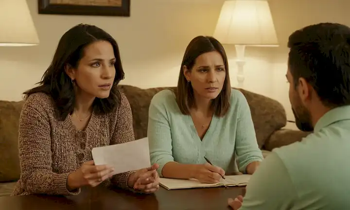 La mujer que ayuda a la pareja a abordar sus problemas con asesoramiento y apoyo. Texto español que supera el inglés.