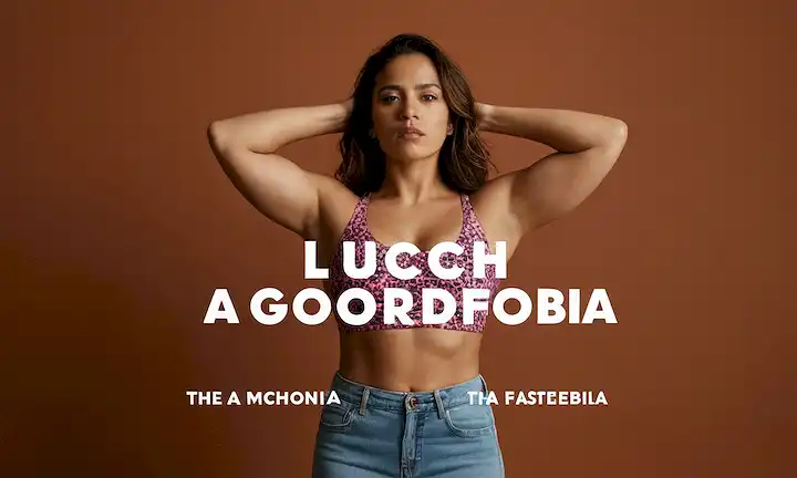 Una figura femenina fuerte, que simboliza la fuerza y la resiliencia, superando el estigma social al abrazar su forma corporal con una cita. Las palabras La lucha contra la grasafobia (La lucha contra la grasa) se escriben en el fondo en letras más pequeñas.