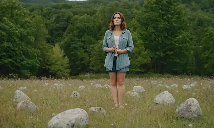 Mujer de pie en un campo con piedras que representan cicatrices, hablando sobre superar cuestiones de imagen corporal.