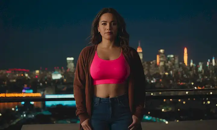 Mujer de pie delante de su ropa artesanal, mostrando con orgullo los desafíos que enfrentaba al superar los problemas de positividad corporal. Disparo contra un telón de fondo de paisaje urbano con luces de neón que reflejan los edificios de la ciudad detrás de ella. La imagen muestra creatividad, resiliencia y autoexpresión.