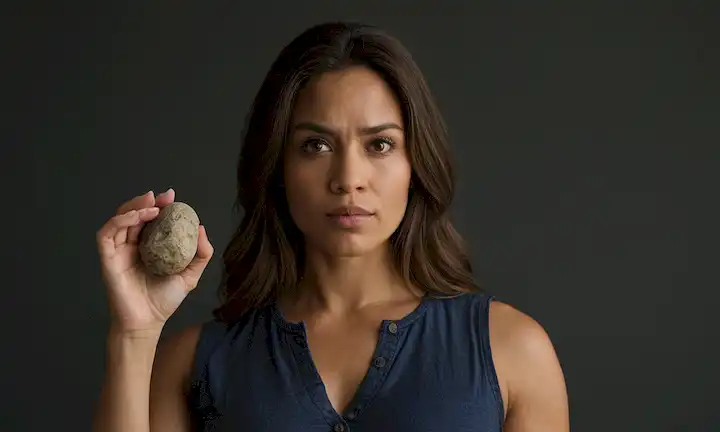 Mujer de pie con una fuerte expresión mientras sostiene una roca en su mano después de ser enfrentada con afeitado cuerpo. El tema de superar la lucha y abrazar la diversidad.