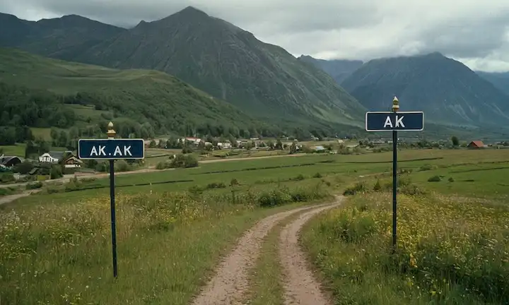 Pueblo pequeño llamado Å con el nombre más corto del mundo se muestra orgullosamente en un cartel junto a su pintoresco paisaje. El texto se mostrará como Ak o Aak