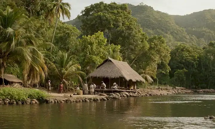Rodeado de aguas serenas, habitantes indígenas de una pequeña práctica comunitaria armoniosa turismo y pesca en medio de su singular nombre de aldeas. La escena captura a la gente trabajando con el ambiente local como escenario. Por brevedad, déjese sucintamente simplificado a la pesca y el turismo en armonía: un escenario idílico.