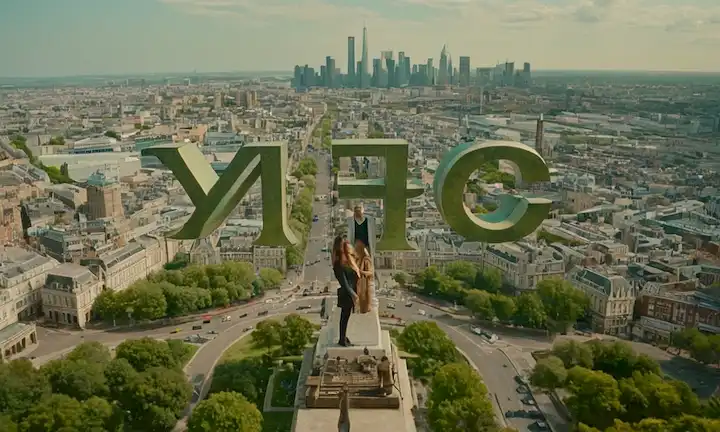 Iniciales personificados Å de pie sobre paisaje urbano y hitos icónicos, con renovación urbana, crecimiento e industria turística.