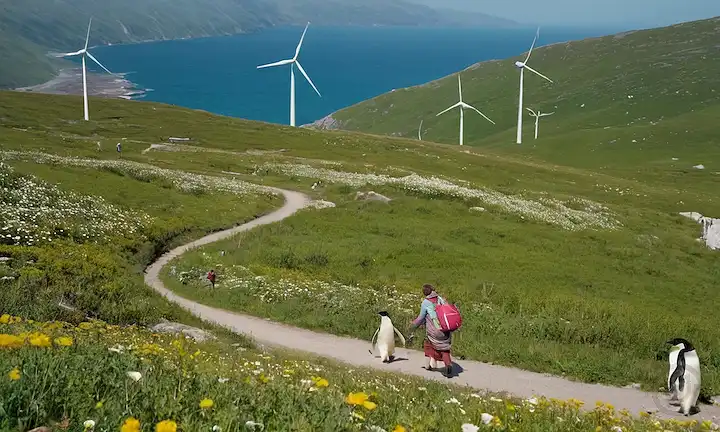 verdes montañas, paneles solares, turbinas eólicas, gente caminando juntos, diversas banderas, olas oceánicas, osos polares, pingüinos, reciclaje de símbolos, árboles, flores