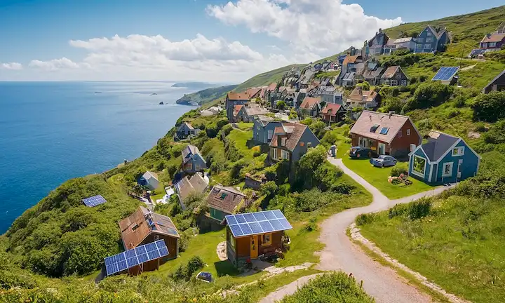paneles solares en tejados, turbinas de viento en las laderas, bosques verdes con pequeñas casas, olas y criaturas marinas nadando cerca de parques eólicos offshore, un paisaje urbano con vehículos eléctricos que conducen por las calles, cielos azules llenos de nubes blancas, un grupo de personas en la naturaleza, sonriendo, agarrando las manos alrededor de un pequeño planeta Tierra