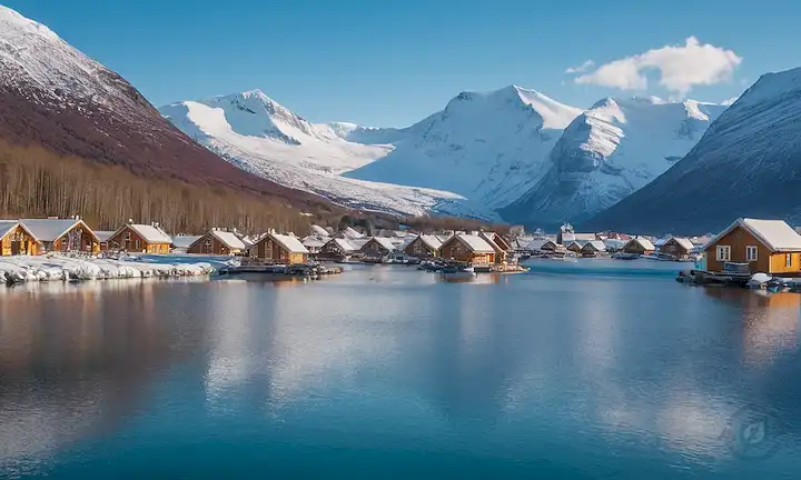Montañas frías, bosques verdes, fiordos brillantes, turbinas eólicas girando, paneles solares brillando, gente ciclismo o senderismo, Northern Lights bailando a través del cielo, osos polares jugando en la nieve, casas de madera mezclando con la naturaleza, veleros en aguas tranquilas, y un cielo azul brillante sin una nube a la vista