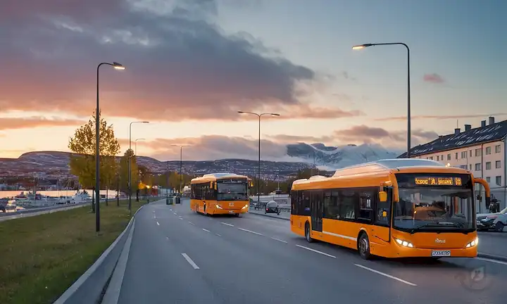 Autobuses eléctricos en ciudades noruegas, modernos centros de transporte público, espacios verdes para la carga de vehículos eléctricos, arquitectura escandinava con infraestructura energética sostenible, un paisaje urbano al atardecer con luces de calle brillantes, una flota de vehículos ecológicos en movimiento