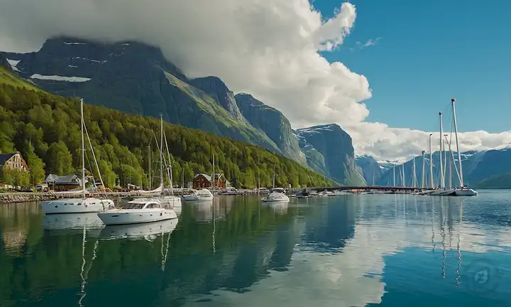 Fjords, montañas cubiertas de nieve, Northern Lights, cascadas, bosques verdes, paisajes urbanos con arquitectura moderna, turbinas de viento, paneles solares, veleros en aguas tranquilas