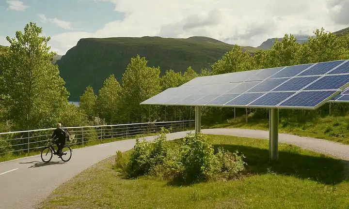 Green cityscape, Norways fjords, arquitectura moderna, paneles solares, turbinas eólicas, árboles, rutas en bicicleta, parques, gente caminando, transporte sostenible, arte público, espacios verdes, belleza natural, energía limpia, infraestructura innovadora, diseño futurista, desarrollo urbano, soluciones ecológicas