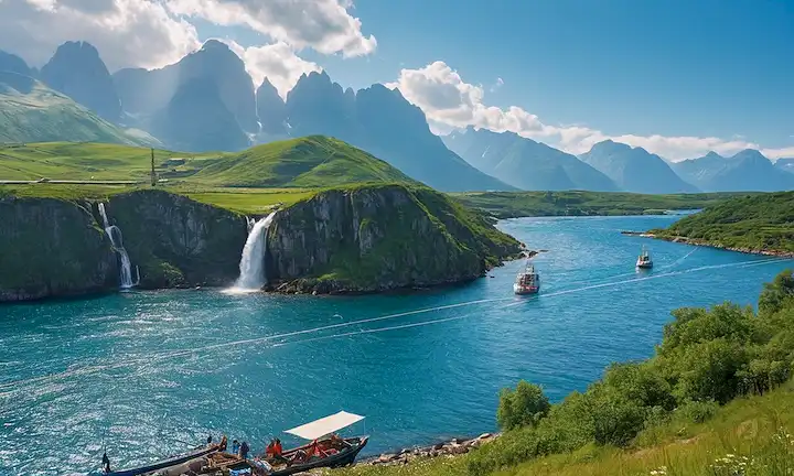 cascadas, montañas, vegetación, turbinas de viento, líneas de poder, gente, barcos, redes de pesca, un cielo azul brillante, rayos del sol, nubes