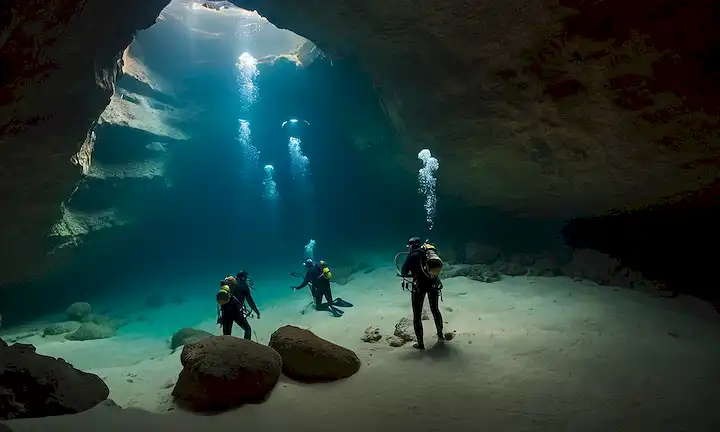 Un equipo de buceadores que exploran las profundidades de un sistema cavernoso, con cámaras y equipos destacando una escena submarina. Las palabras son traducidas del español como: El futuro de la exploración de tallas revela dos nuevos tipos de tiburón en las mayores cuevas de la Tierra. Esta frase podría indicar un descubrimiento científico relacionado con la vida caving y acuática, con significado global.