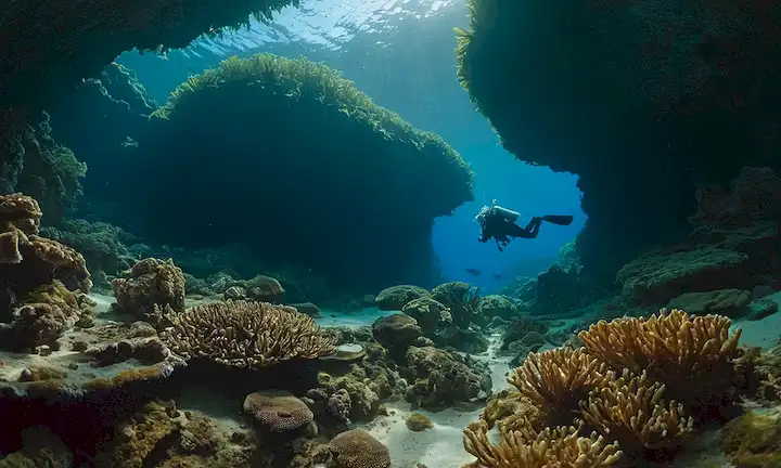 Tales de criaturas subacuáticas, incluyendo grandes especies que habitan en cuevas, con científicos buceo y cámaras capturando imágenes.