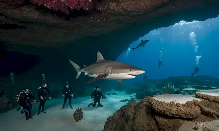 Un equipo de buceadores que exploran un sistema de cuevas submarinas lleno de nuevas especies de tiburones. (En inglés: Los científicos descubren dos especies de tiburones gigantes recientemente encontradas en las cavernas más grandes de la Tierra.)