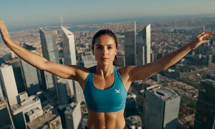 Nuria Picas, la atleta ultraligera española conocida por sus impresionantes desafíos y sus ambiciosas aventuras, con sus brazos levantados en triunfo mientras se paraba en los rascacielos de la ciudad.