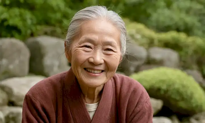 Una persona mayor sonriendo al aire libre, con un fondo sutil que insinúa la cultura japonesa y los principios de longevidad.
