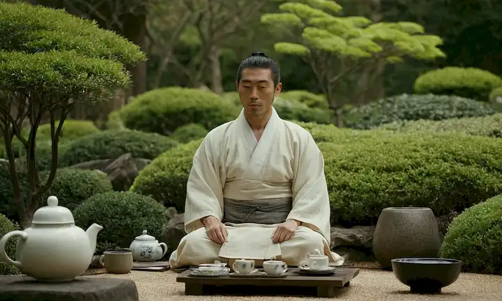Hombre japonés sentado en un jardín tranquilo, rodeado de sutiles referencias a la manera japonesa de la vida y el té.