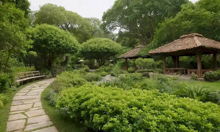 Un paisaje sereno con residentes envejecidos y exuberante vegetación, simbolizando la larga vida y vitalidad.