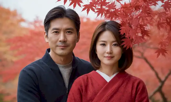 Un retrato familiar japonés con hojas de arce rojas y un fondo tranquilo, simbolizando fuertes lazos de amor.