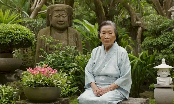 Una anciana de Okinawa sentada en un jardín exuberante