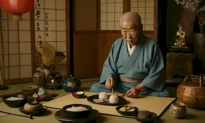 Una persona mayor que participa en actividades tradicionales japonesas, rodeada de diversos objetos y textos relacionados con la longevidad.