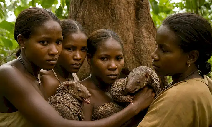 Un grupo de mujeres de la tribu Baaké en Guinea-Bissau protegiendo pangolinas de árboles en peligro y su hábitat.
