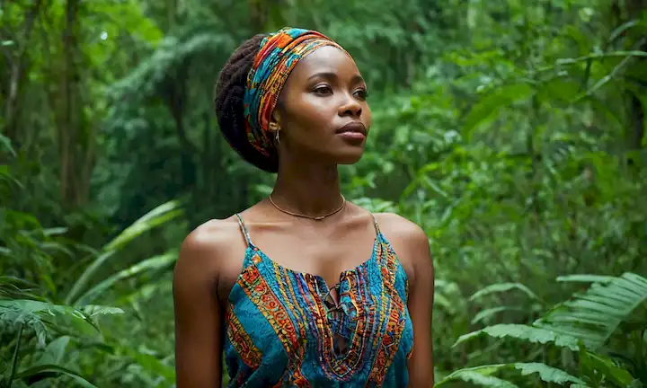 Una mujer africana rodeada de exuberante vegetación y fauna silvestre en un bosque, simbolizando la armonía entre la naturaleza y la sociedad humana.