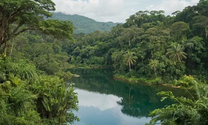 Una exuberante selva africana con un lago sereno, mostrando el paraíso natural y la comunidad ecológica.