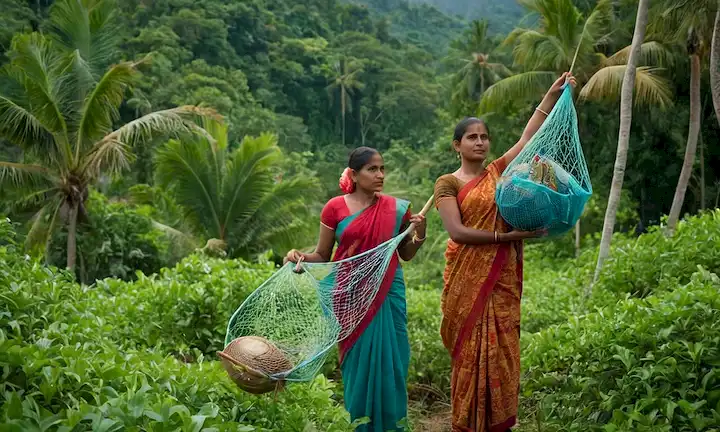 Mujeres de la comunidad de Bijagós en atuendo tradicional conteniendo redes de pesca y de pie en medio de la exuberante vegetación tropical.