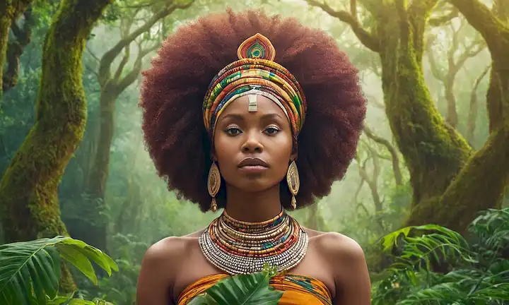 Ilustración colorida de una mujer africana que sostiene un árbol sagrado frente al exuberante bosque verde.
