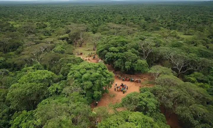 Vista aérea de los Parques Nacionales de Orango bosque exuberante con mujeres y niños africanos en primer plano, simbolizando el liderazgo maternal en la conservación de la naturaleza.