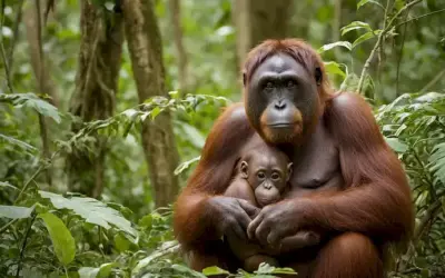 Una madre orangutiana impresionante rodeada de exuberante fauna forestal africana en Guinea-Bissau.