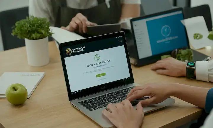 Persona escribiendo en su computadora portátil frente a un entorno de oficina mientras llevaba un reloj inteligente mostrando notificaciones con un gráfico global como fondo que representa los esfuerzos globales de reducción de residuos de alimentos y mostrando la etiqueta inteligente. El mensaje es que la etiqueta de alimentos inteligentes de Oscillum pretende abordar temas de consumo sostenible e inteligente para minimizar los residuos alimentarios globales y optimizar los valores nutricionales.
