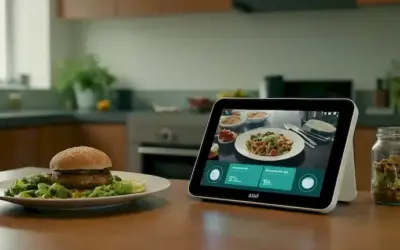 Gadget accionado por AI ayudando con el rastreo de comidas y la gestión de residuos. Texto mostrado en pequeña impresión con efecto holograma para el realismo añadido: Tag: Food Waste Management. La imagen puede incluir una cocina inteligente futurista o sala de estar estableciendo la innovación.