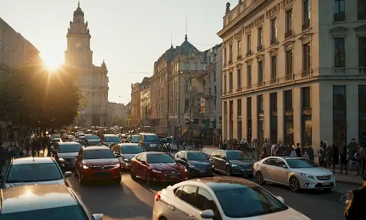 Coches 3D y autobuses en movimiento, paisaje urbano al atardecer, teléfonos inteligentes con aplicaciones de conducción en pantallas, ruedas y faros brillantes, gente borrosa caminando o sentado en vehículos