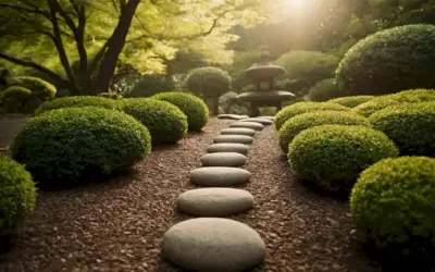 Una escena de jardín japonés serena con cinco piedras o pétalos formando un camino ascendente.