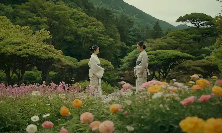Personajes japoneses en un entorno sereno, rodeados de flores y naturaleza, reflejando mentes pacíficas.