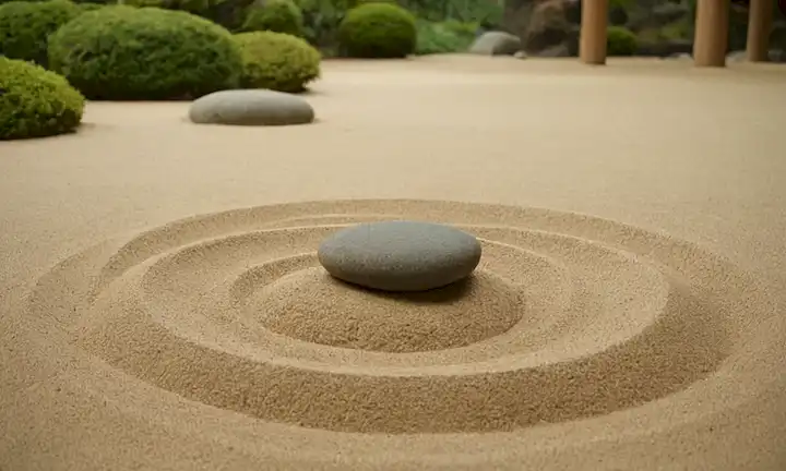 Una escena de jardín de estilo japonés con piedras y arena raked, representando la calma.