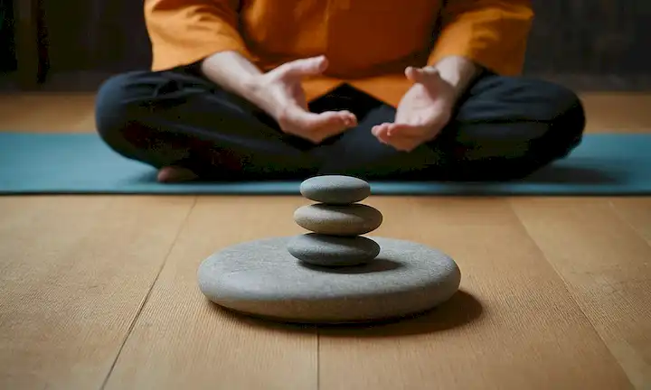 Una persona que medita mientras sostiene una piedra japonesa, rodeada de un diagrama de 5 pasos para mejorar la salud mental.