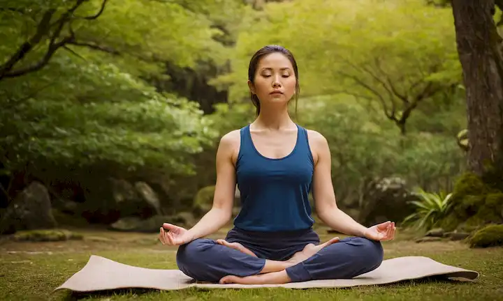 Una persona meditando en la naturaleza con un fondo japonés sutil.